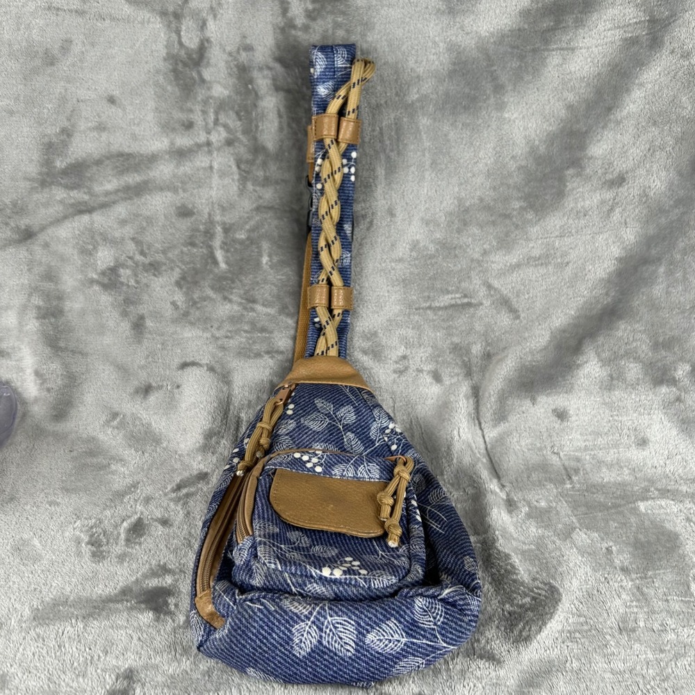 Rope‎ Bag Sling Backpack Blue Denim Botanical Leaf Print Adjustable Strap